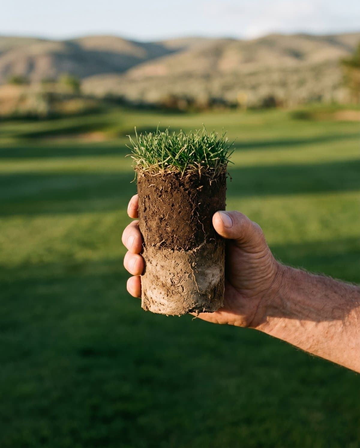 A weathered hand holds a freshly pulled soil core sample — green turf on top, dark loam beneath — with the Cache Valley foothills softly out of focus in the background.