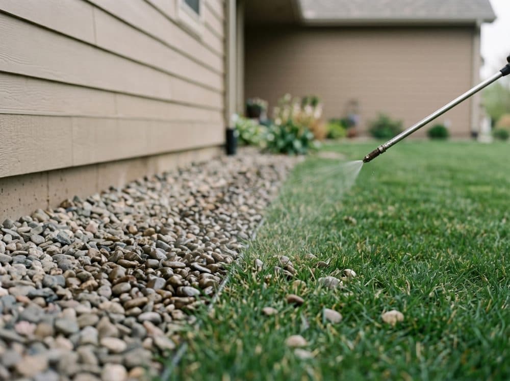 A spray wand applies a fine mist along the foundation of a residential home, where lawn meets a strip of river rock.